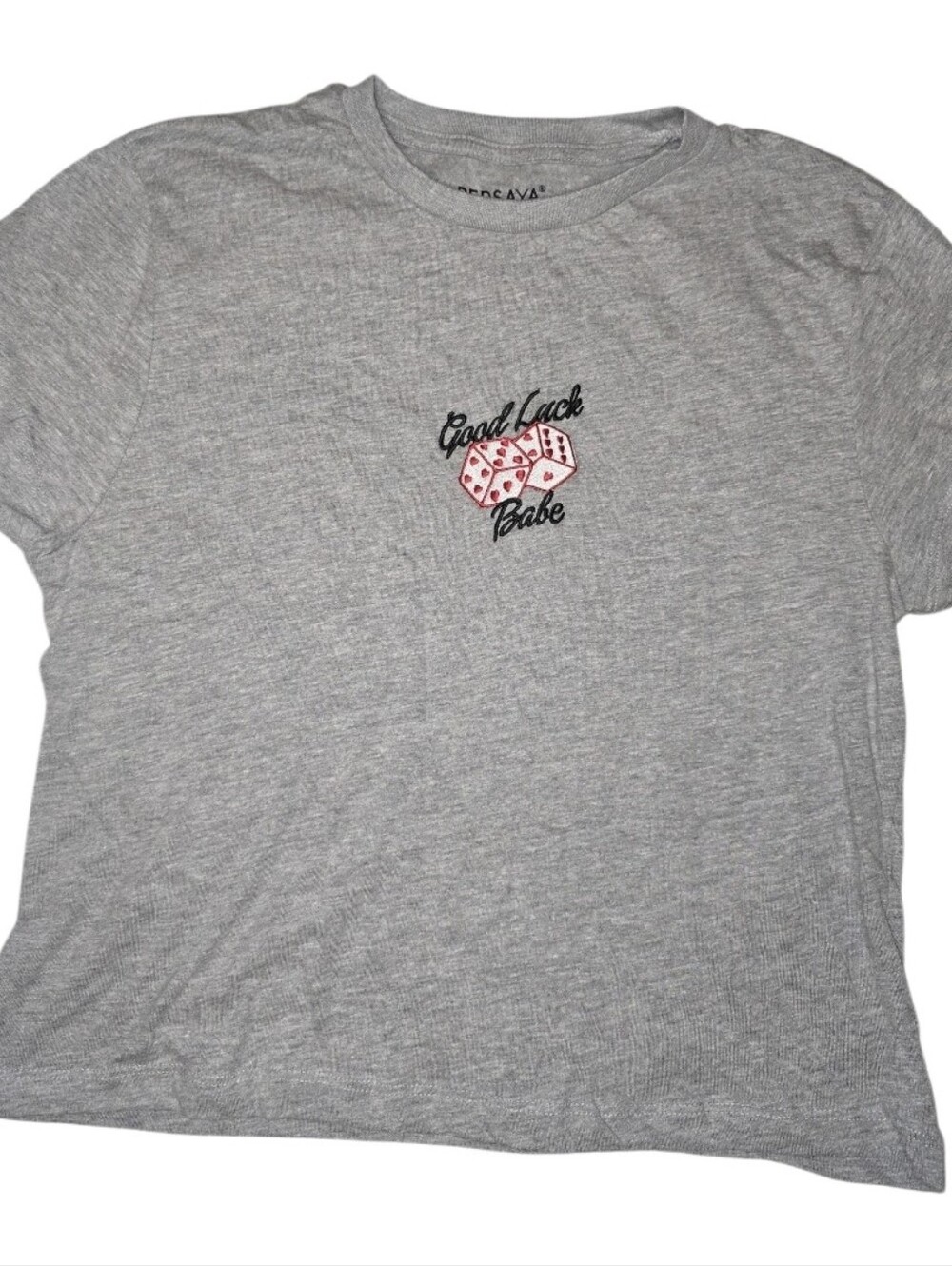 Persaya Girls Youth Large YL Gray Good Luck Babe Embroidered Dice Graphic Tee